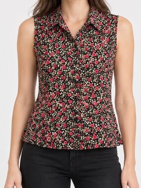 Vintage 90s Kim Rogers Black Rose Floral Button Front Sleeveless Top Small